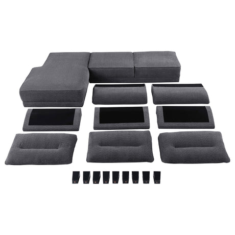 Caspian Curved Arm Boucle Chaise Sectional Sofa - Pocket Coil Seating in Grey with Black Tapered Legs – view 14