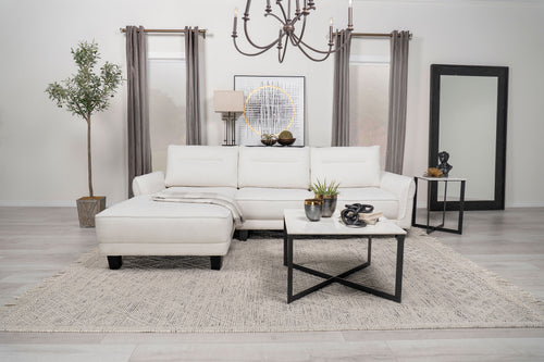 Caspian Curved Arm Chaise Sectional - White Boucle with Pocket Coil Seats & Black Tapered Legs