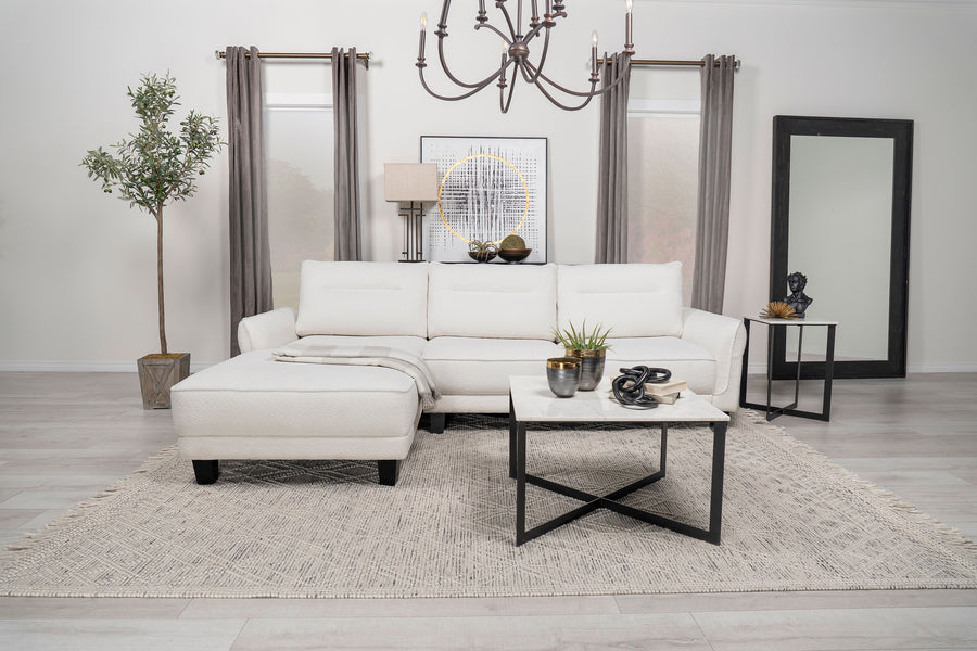 Caspian Curved Arm Chaise Sectional - White Boucle with Pocket Coil Seats & Black Tapered Legs