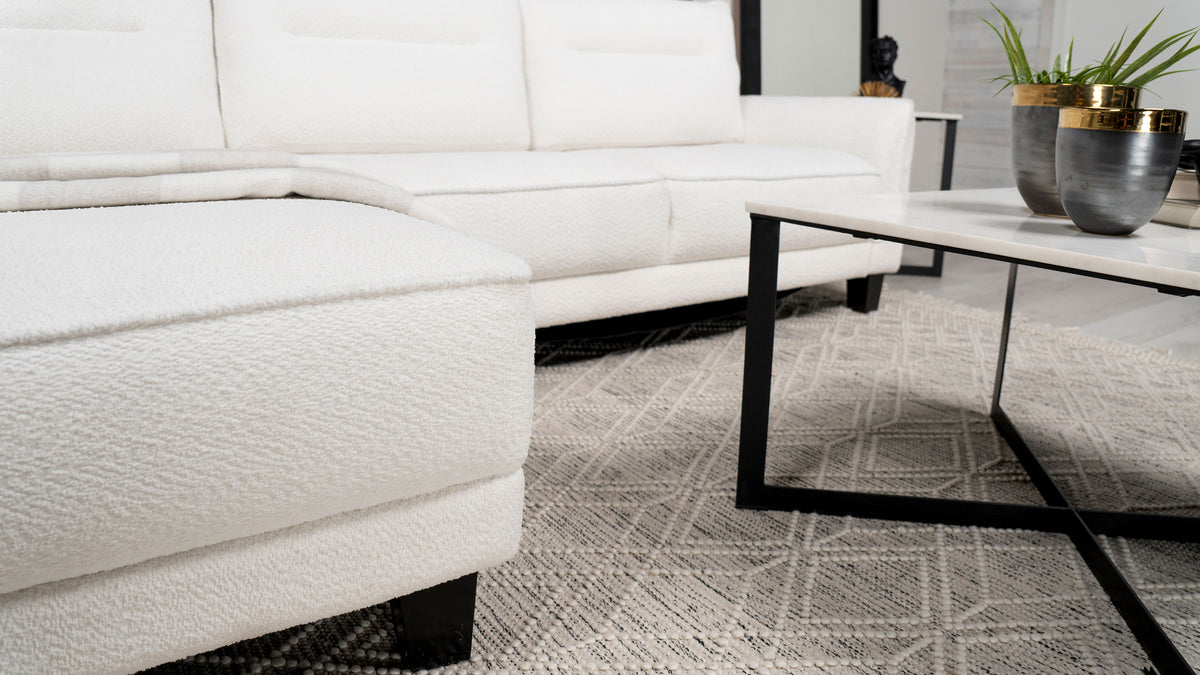 Caspian Curved Arm Chaise Sectional - White Boucle with Pocket Coil Seats & Black Tapered Legs – view 16