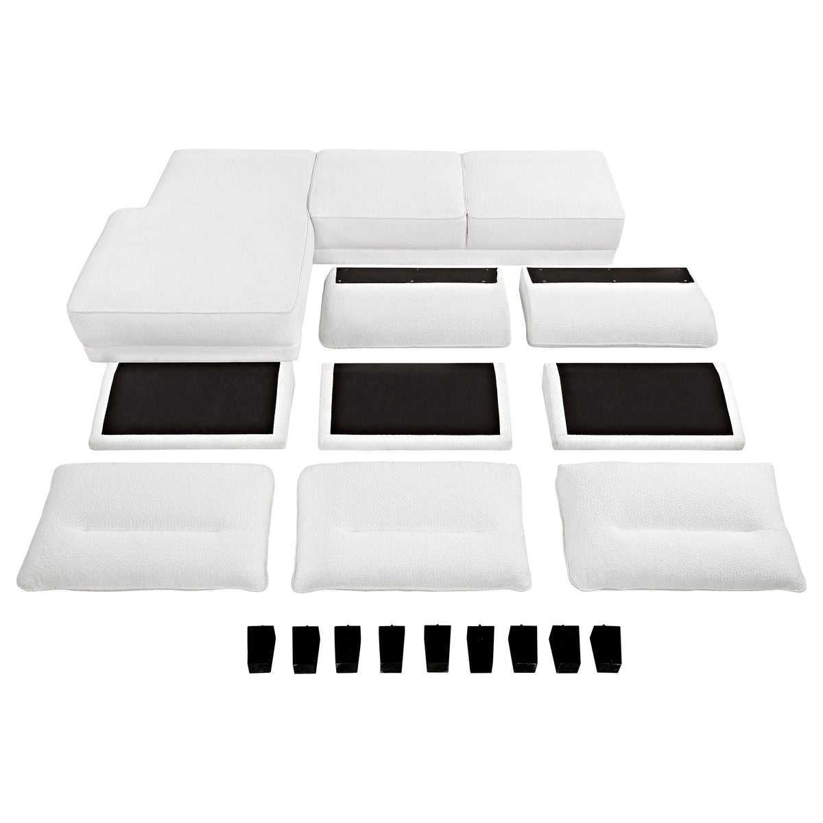 Caspian Curved Arm Chaise Sectional - White Boucle with Pocket Coil Seats & Black Tapered Legs – view 17