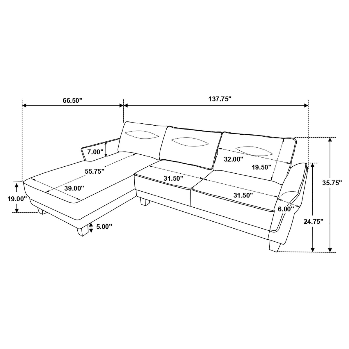 Caspian Curved Arm Chaise Sectional - White Boucle with Pocket Coil Seats & Black Tapered Legs – view 19