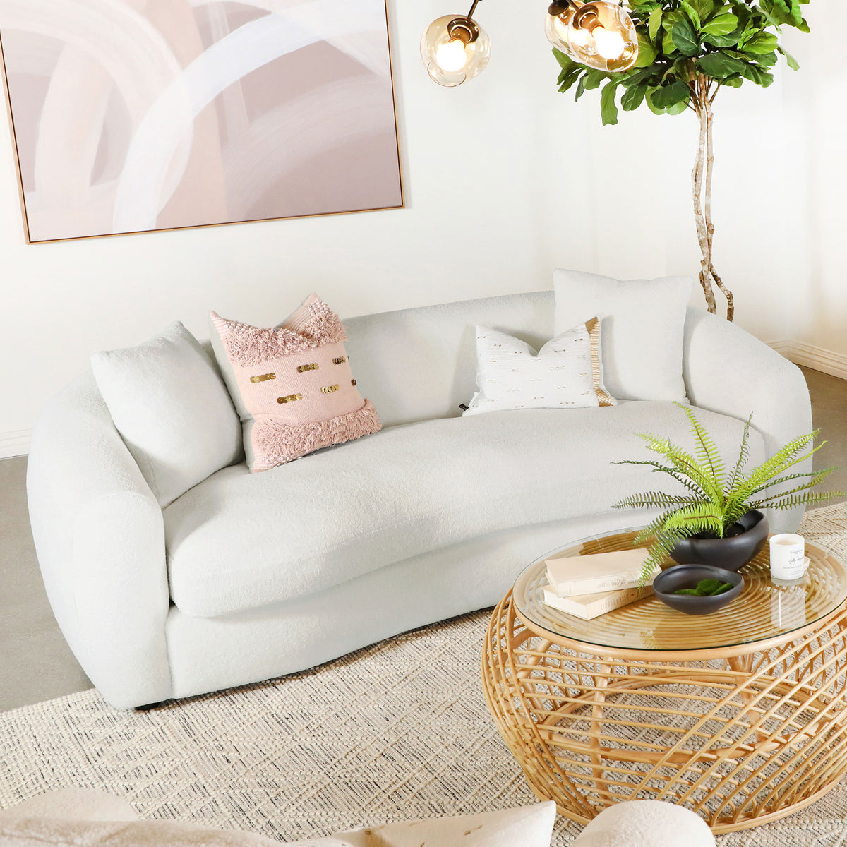 Isabella Curved Sofa, Loveseat & Accent Chair - Ivory Faux Sheepskin with Sloped Arms – view 1