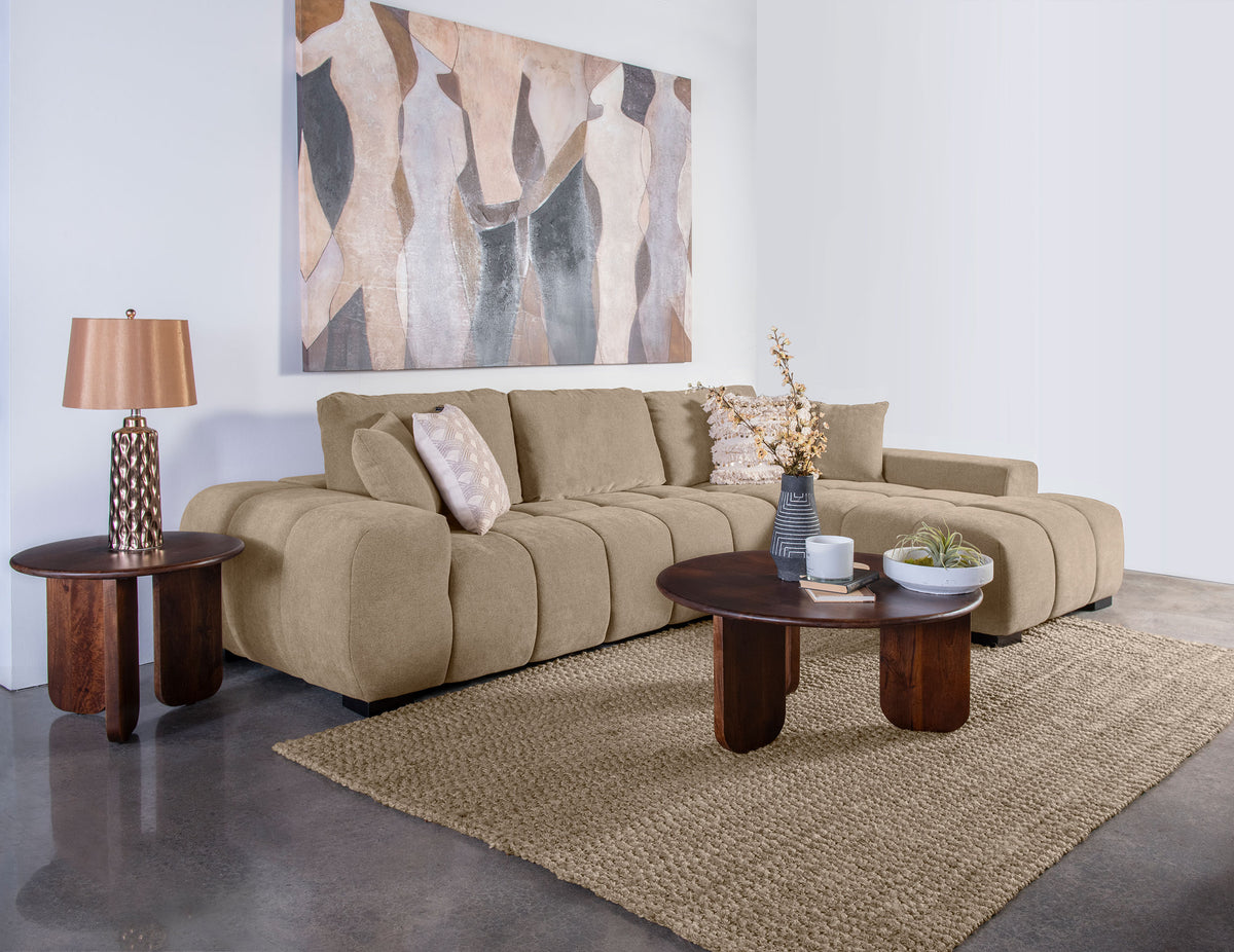 Octavia Grid-Tufted Sectional Chaise Sofa, Accent Chair & Ottoman - Mid-Century Inspired Camel Upholstery – view 1