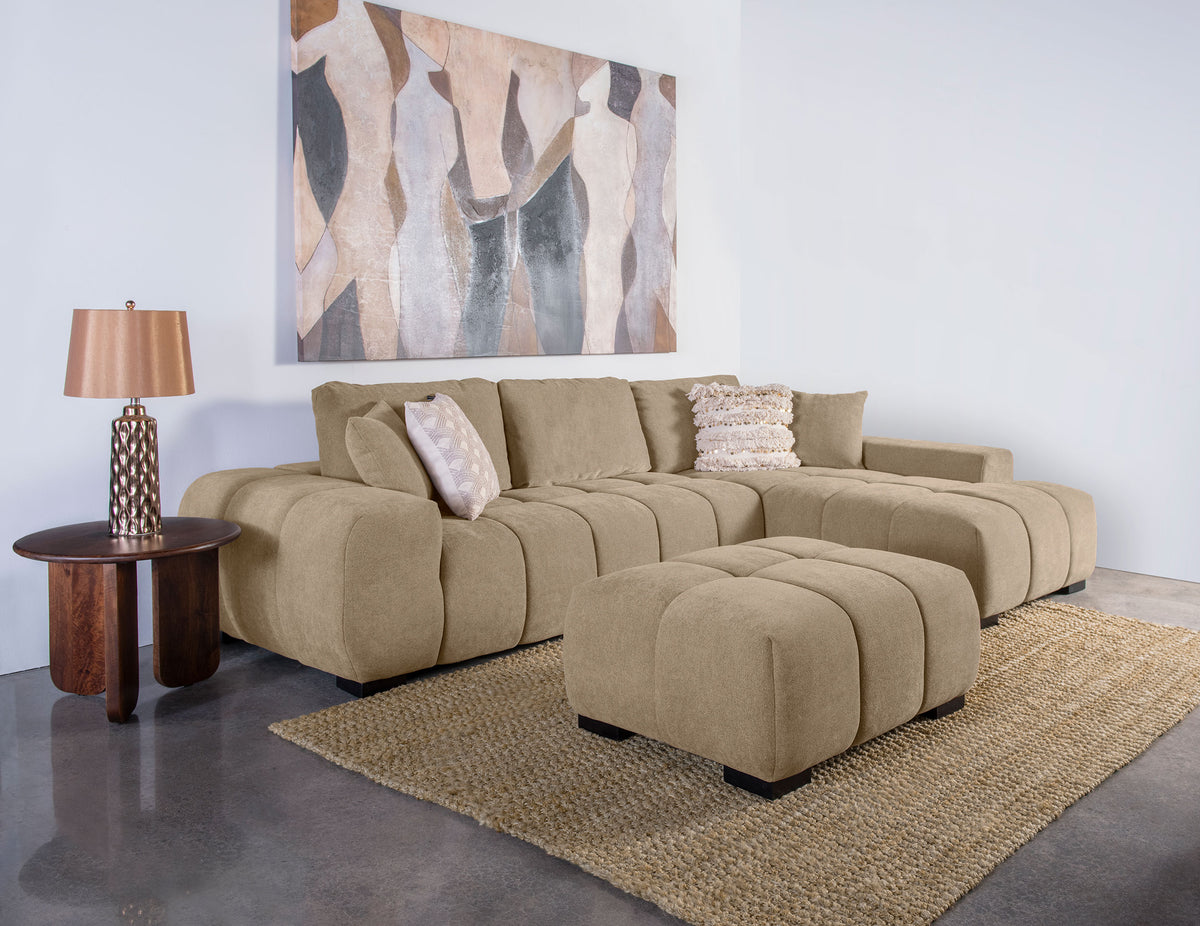 Octavia Grid-Tufted Sectional Chaise Sofa, Accent Chair & Ottoman - Mid-Century Inspired Camel Upholstery – view 14