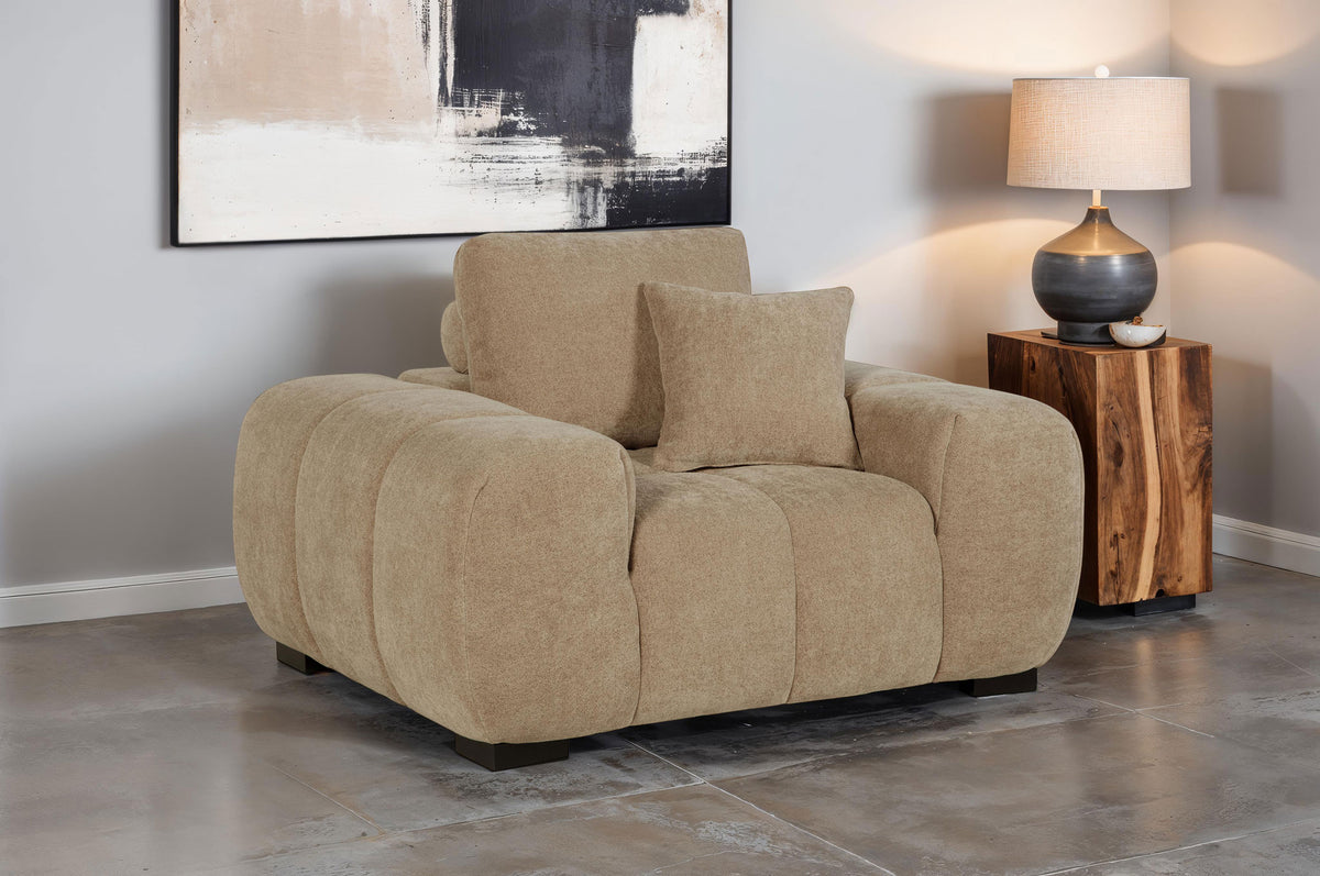 Octavia Grid-Tufted Sectional Chaise Sofa, Accent Chair & Ottoman - Mid-Century Inspired Camel Upholstery – view 2