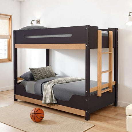 Nestor Twin over Twin Wooden Bunk Bed with Attached Ladder - Low Profile in Purple Mauve/Natural Finish