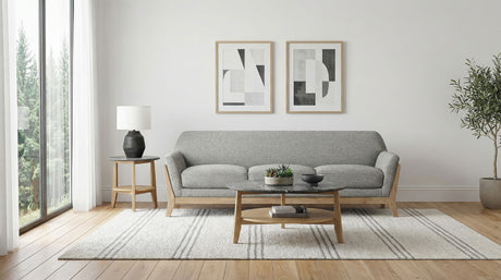 Vaughn Flared Arm Sofa, Loveseat & Accent Chair - Mid-Century Grey Fabric with Blonde Wood Frame – view 1