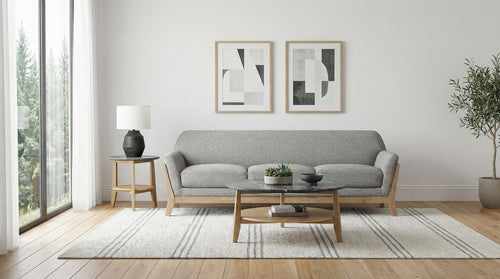 Vaughn Flared Arm Sofa, Loveseat & Accent Chair - Mid-Century Grey Fabric with Blonde Wood Frame