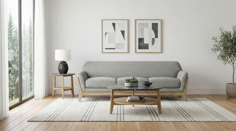 Vaughn Flared Arm Sofa, Loveseat & Accent Chair - Mid-Century Grey Fabric with Blonde Wood Frame