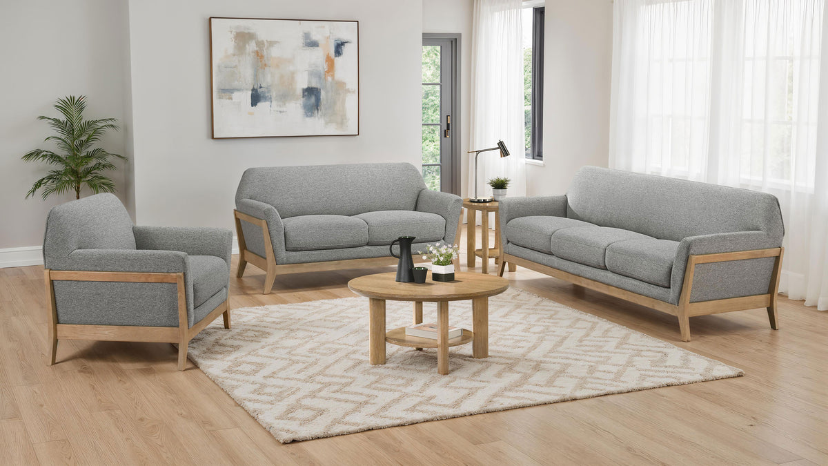 Vaughn Flared Arm Sofa, Loveseat & Accent Chair - Mid-Century Grey Fabric with Blonde Wood Frame – view 15