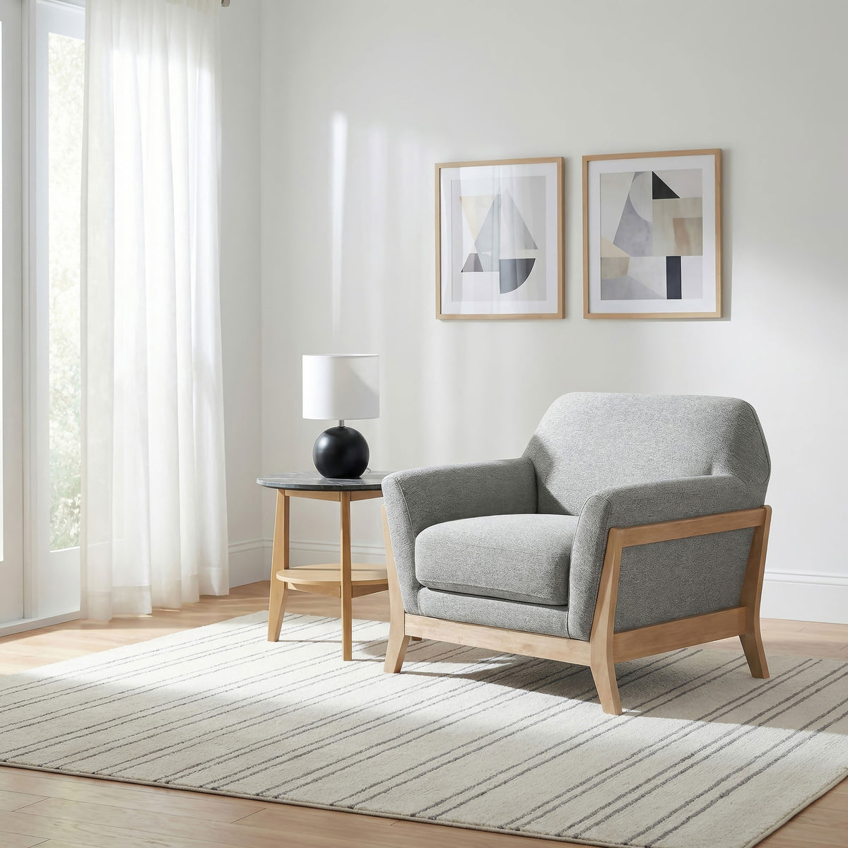 Vaughn Flared Arm Sofa, Loveseat & Accent Chair - Mid-Century Grey Fabric with Blonde Wood Frame - lifestyle