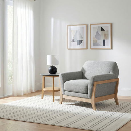 Vaughn Flared Arm Sofa, Loveseat & Accent Chair - Mid-Century Grey Fabric with Blonde Wood Frame - lifestyle