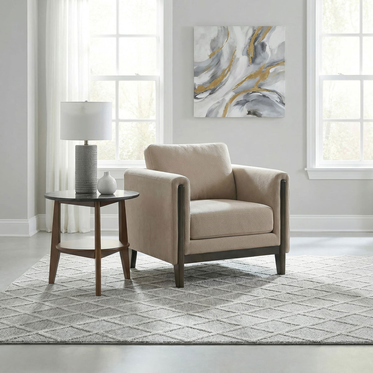Islington Panel Arm Sofa, Loveseat & Accent Chair - Taupe Fabric on Coffee Wood Frame, Living Room Sets - lifestyle