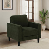 Ruth Track Arm Sofa, Loveseat & Accent Chair - Compact Matcha Green Fabric with Angled Black Legs - lifestyle