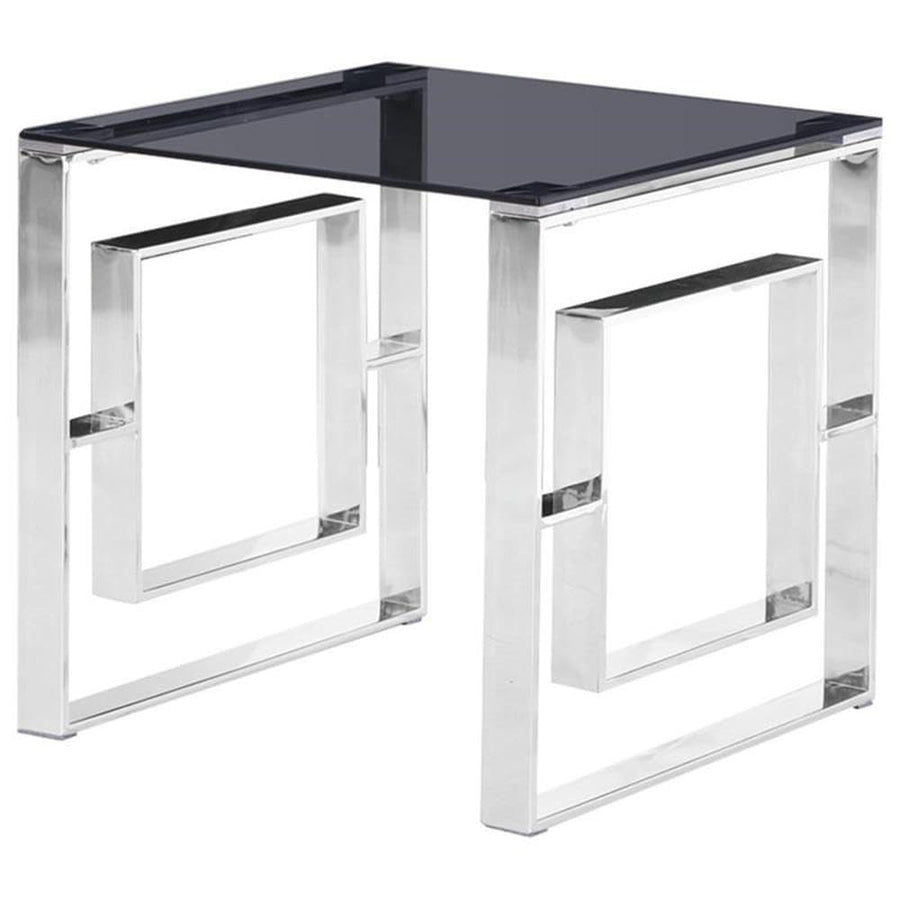 Mallory Smoked Glass End Table with Stainless Steel Sled Base - Contemporary Glam in Silver
