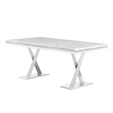 Leona Contemporary White Rectangular Faux Marble Dining Table in Silver
