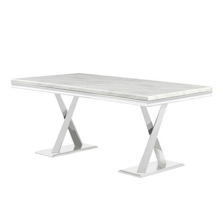 Leona Contemporary White Rectangular Faux Marble Dining Table in Silver