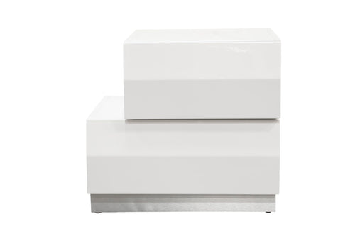 Spain 19" Modern Left-Hand Side 2-Drawer Bedroom Nightstand, Short Top Drawer in White/Silver