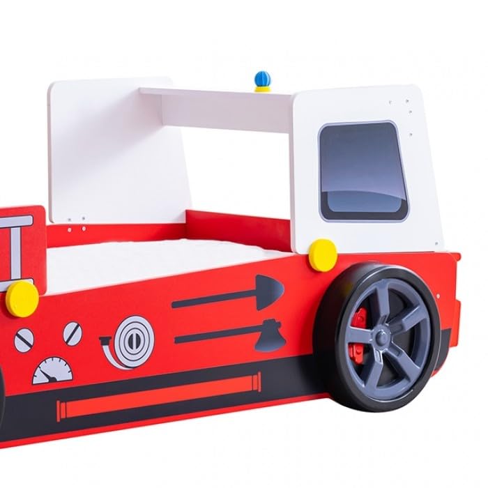 Firestall Twin Fire Truck Bed - Novelty Kids Race Car Bed in High Gloss Red