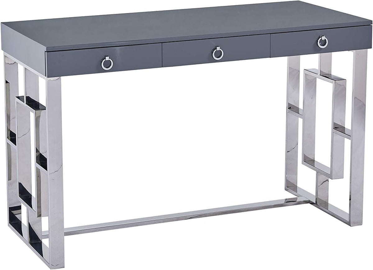 Grey Modern Computer Office Desk with Lacquered Grey Top, Silver Base & 3 Storage Drawers