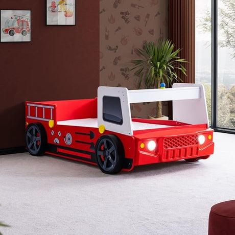 Firestall Twin Fire Truck Bed - Novelty Kids Race Car Bed in High Gloss Red