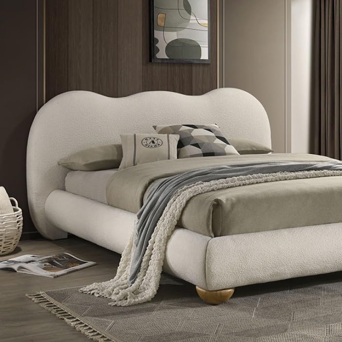 Finamore Upholstered Platform Bed with Camel-Back Headboard - Eastern King Size in White/Natural Oak Boucle