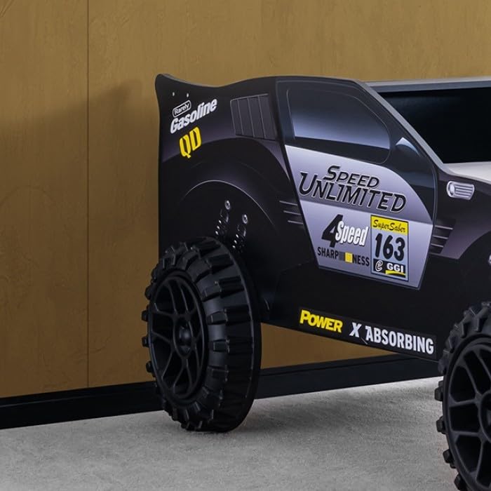 Speed Jump Twin Off-Road Car Bed with LED Headlights - Novelty Kids Bed in High Gloss Black