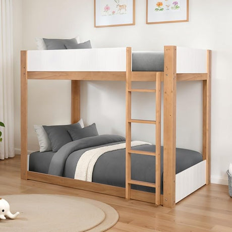 Terri Twin over Twin Wooden Bunk Bed with Attached Ladder - Low Profile in White/Natural Finish