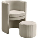 Seager Cream Velvet Round Arm Chair with Ottoman - side view