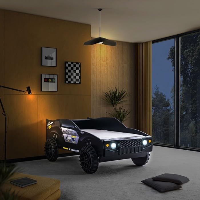 Speed Jump Twin Off-Road Car Bed with LED Headlights - Novelty Kids Bed in High Gloss Black