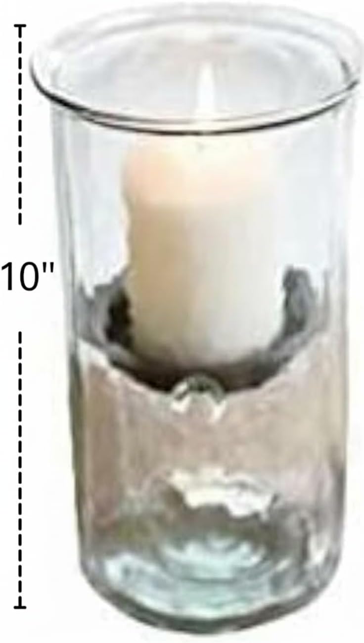 10-Inch Glass Hurricane Pillar Candle Holder with Rustic Metal Insert for Table Centerpieces