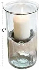 10-Inch Glass Hurricane Pillar Candle Holder with Rustic Metal Insert for Table Centerpieces