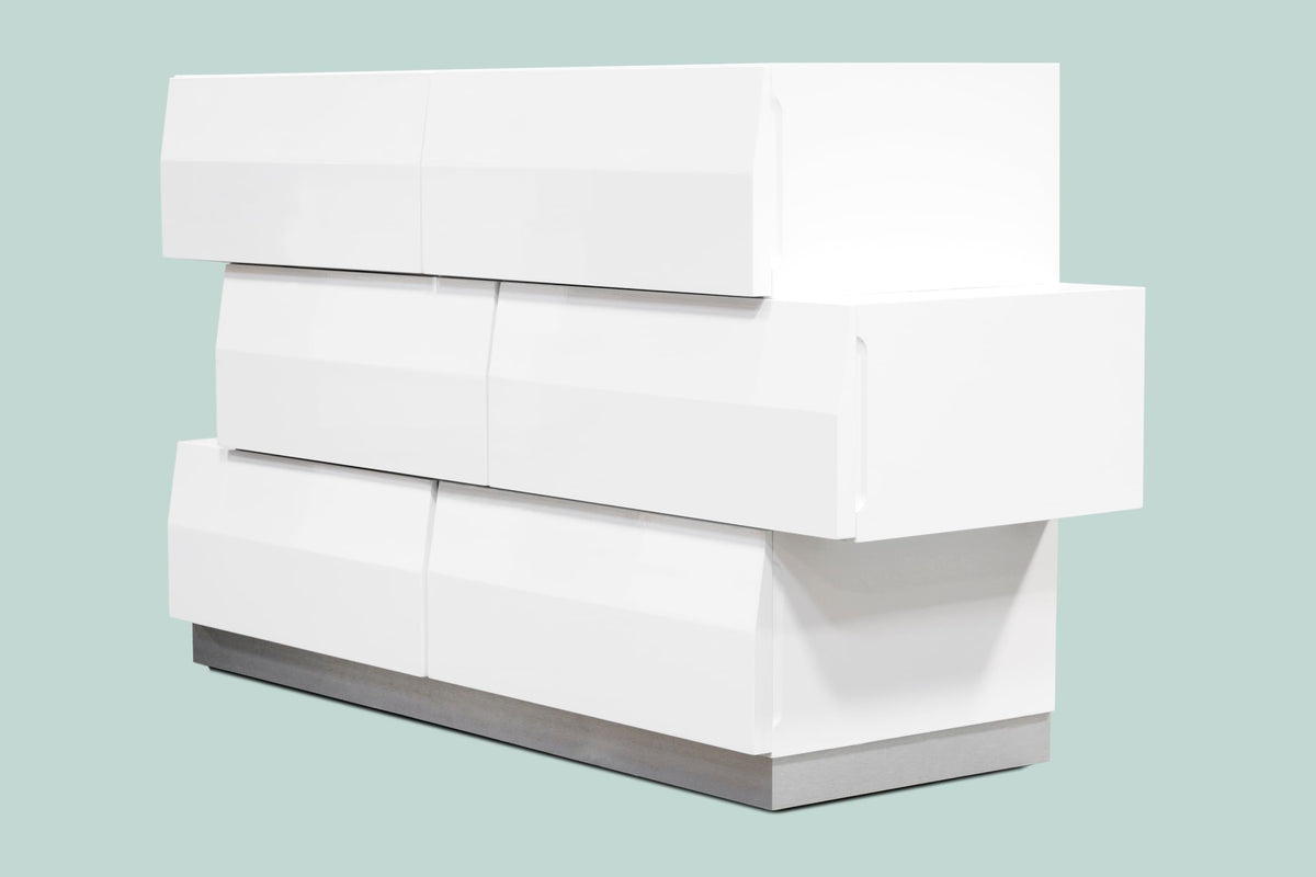 Spain 55" Modern 6-Drawer Bedroom Dresser, Built-In Side Pulls in White/Silver