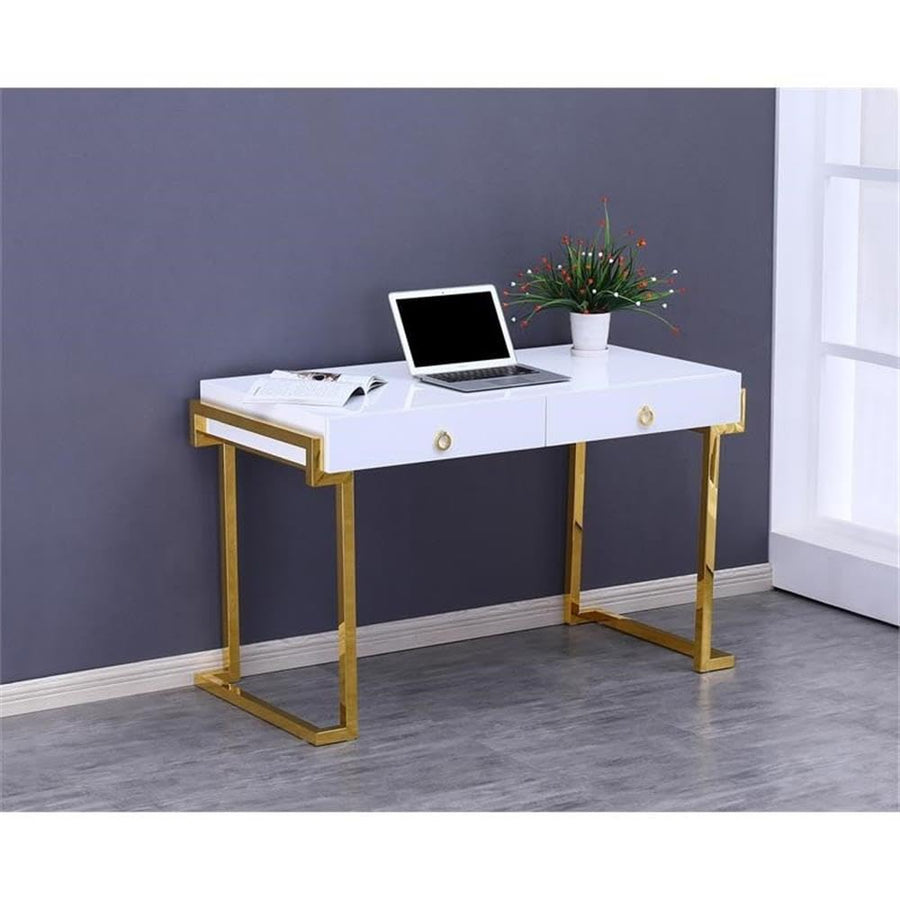White Lacquer 2-Drawer Writing Desk Gold
