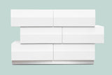 Spain 55" Modern 6-Drawer Bedroom Dresser, Built-In Side Pulls in White/Silver - front view