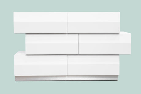 Spain 55" Modern 6-Drawer Bedroom Dresser, Built-In Side Pulls in White/Silver - front view