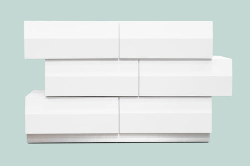 Spain 55" Modern 6-Drawer Bedroom Dresser, Built-In Side Pulls in White/Silver