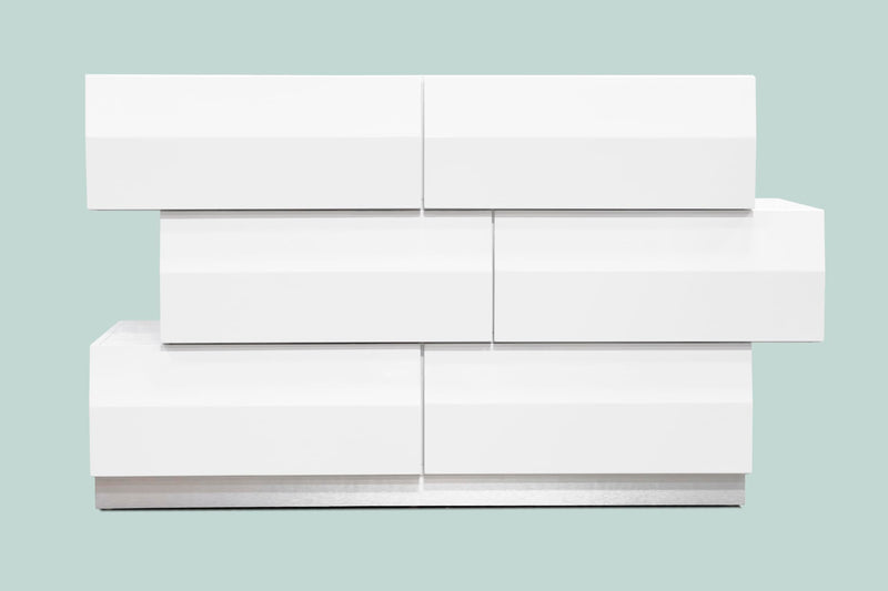 Spain 55" Modern 6-Drawer Bedroom Dresser, Built-In Side Pulls in White/Silver