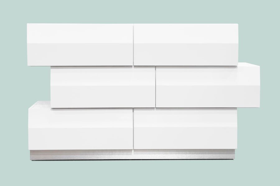 Spain 55" Modern 6-Drawer Bedroom Dresser, Built-In Side Pulls in White/Silver