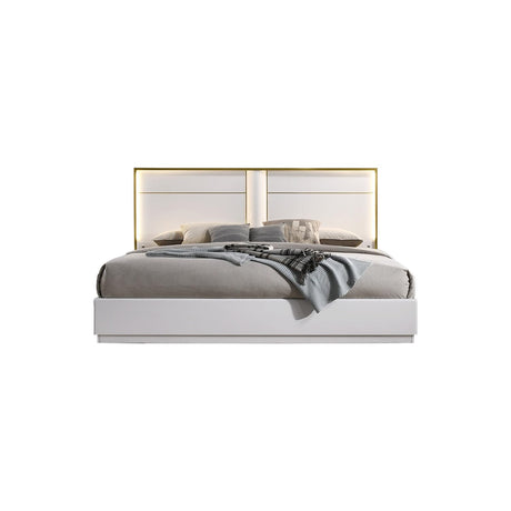 Havana Poplar Wood Queen Platform Bed in White with Gold Trim in Multi Color