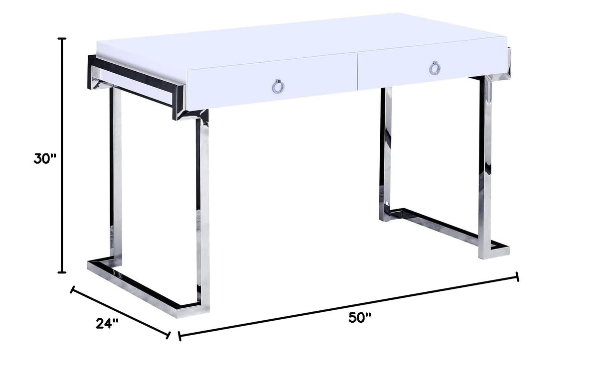 White Lacquer 2-Drawer Writing Desk Silver - side view