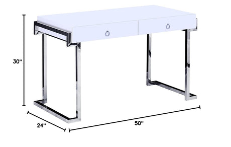 White Lacquer 2-Drawer Writing Desk Silver - side view