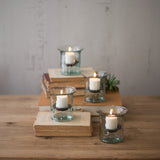 11-Inch Clear Glass Hurricane Pillar Candle Holder with Rustic Metal Insert Centerpiece