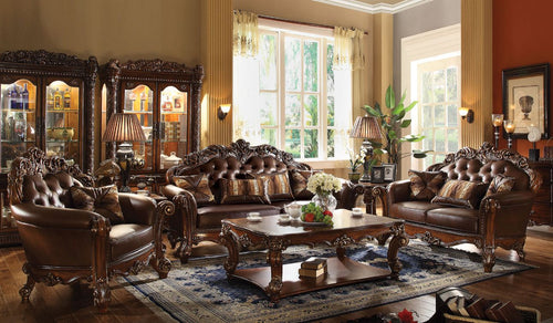Vendome Baroque Sofa, Loveseat, Chair, Chaise & Bench - Button-Tufted Leatherette & Hand-Brushed Scrollwork in Cherry, Gold Patina or Antique Pearl