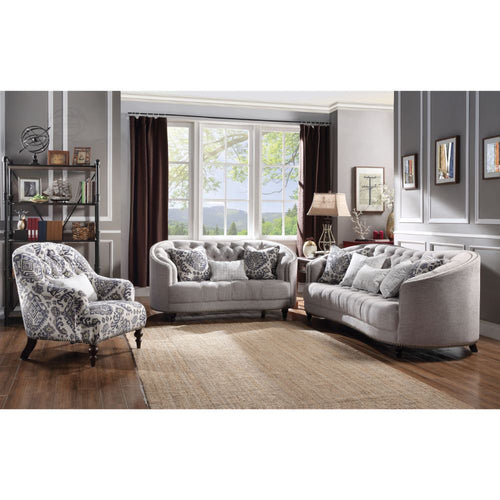 Saira Button-Tufted Loveseat & Accent Chair - Curved Arms, Nailhead Trim & Turned Legs in Light Gray & Pattern Fabric