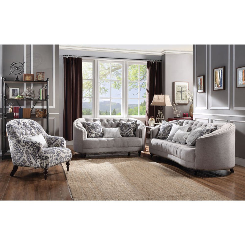 Saira Button-Tufted Loveseat & Accent Chair - Curved Arms, Nailhead Trim & Turned Legs in Light Gray & Pattern Fabric