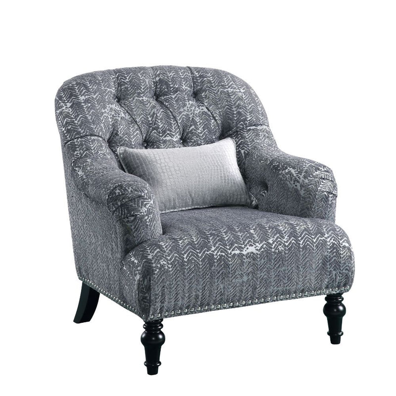 Gaura Button-Tufted Accent Chair - Nailhead Trim in Patterned Gray Velvet