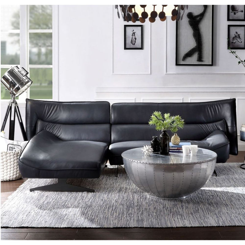 Maeko Top Grain Leather Sectional - Left Chaise, Horizontal Tufting & Metal Sled Base in Dark Gray