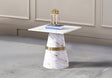 Erica contemporary white marble end table with a gold sculptural pedestal base.